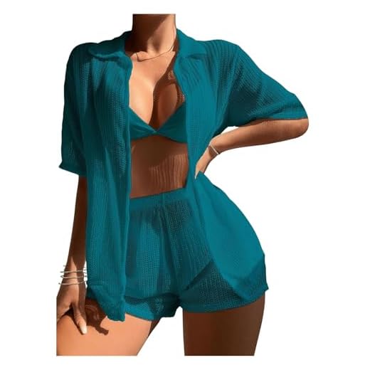 SHENHE Saída de praia feminina transparente conjunto de 2 peças quimono camisa e shorts saída de biquíni, Azul-petróleo, Large