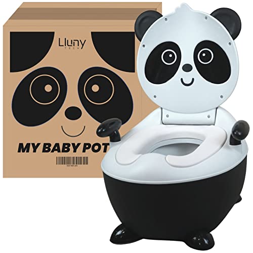 El orinal Panda para aprender a ir al baño. Pies antideslizantes, diseño cuidado, asas de seguridad, asiento suave y cómodo, cepillo, fácil limpieza. Robusto y resistente. De 1 a 5 años y hasta 25 kg