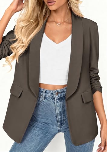 PRETTYGARDEN Women's 2026 Spring Blazers Business Casual Outfits Open Front Ruched 3/4 Sleeve Lightweight Work Suits Jackets (Grey,X-Large) — view 5