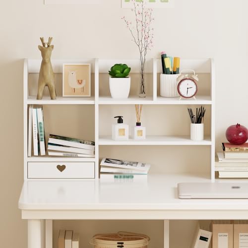 Lindas estanterías Linda estantería para escritorio Organizador de escritorio Kawaii con cajón Organizadores de escritorio de oficina y accesorios Almacenamiento Exhibición de decoración del hogar (blanco)