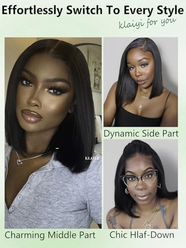 Image of KLAIYI Yaki Straight Bob Wig Human Hair Bye Bye Knots Glueless Precut 7x5Lace Front Wig with Drawstring Pre Plucked Bleached Ready to Wear and Go Wigs for Women Beginner Friendly Pre Everything 12Inch