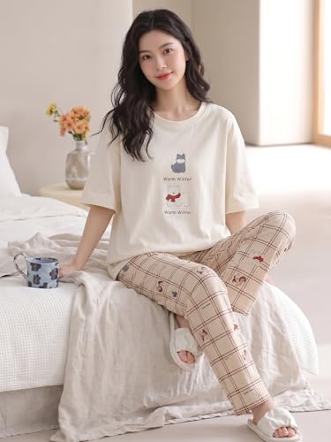 Image of Celary Women's Cotton Blend Printed Night Suit Set||Soft & Breathable Short Sleeve Top & Ethnic Print Pyjama Set||Also Available in Plus Size||Korean Night Suit||Comfortable Home Wear & Sleepwear