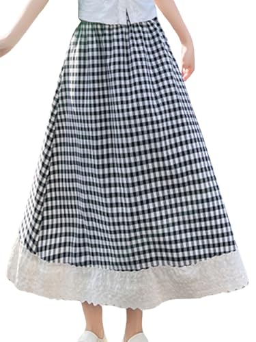 Women's High Waist Casual Plaid Gingham Skirt Lace Eyelet Ruffle Hem A Line Maxi Skirt