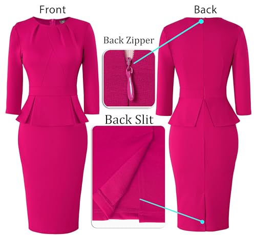 Image of VFSHOW Womens Pleated Crew Neck Peplum Slim Work Business Dress Elegant 3 /4 Sleeves Office Church Bodycon Pencil Sheath Dress