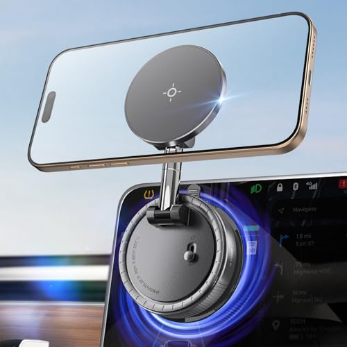 Image of eSamcore Vacuum Magnetic Phone Holder for Car, for Magsafe Car Mount for Windshield, Foldable Stand Suction Cup for Mirror, Glass, Screen, Gym, Smooth Surfaces Compatible with iPhone