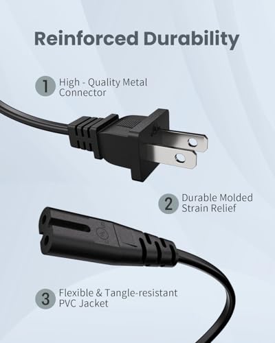TV Power Cord for Samsung TV UN48 UN49 UN50 UN55 UN60 UN70 UN75 4K Smart TVs 6Ft Long 2-Prong C7 Power Plug Cable Replacement Compatible for LG TCL Insignia Sharp