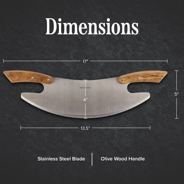 Miniatura 4 de Cortador de pizza de 17 pulgadas, cortador de acero inoxidable con asas dobles de madera de olivo para un fácil corte, picadora grande Mezzaluna -