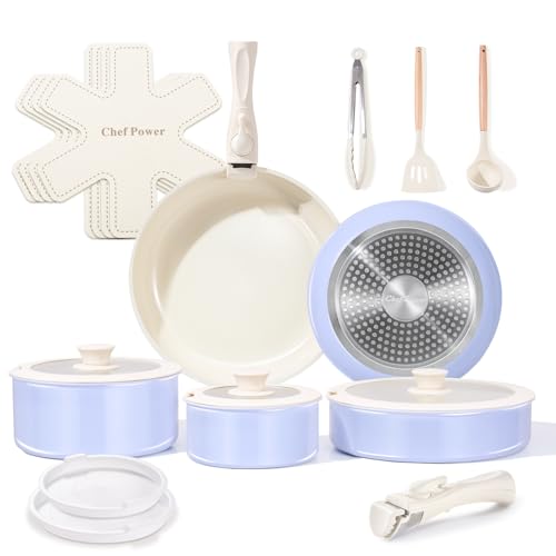Chef Power Ceramic Cookware Sets, 19Pcs Pots and Pans Set Non Stick with Detachable Handle, Induction Dishwasher Oven Safe Cookware Set, RV Kitchen Set Removable Handle, Light Purple
