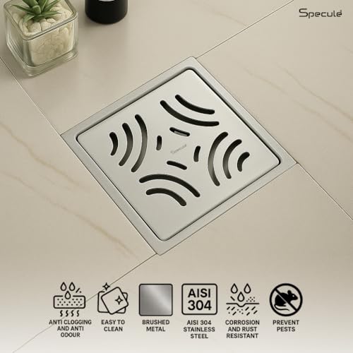 Image of Silver Exclusive Emerald Floor Drainer | 304-Grade Stainless Steel | 5x5 inch Anti-Rust & Anti-Crack Floor Drain with Brushed Finish | Stain Resistant Silver Bathroom /Kitchen Drain Cover