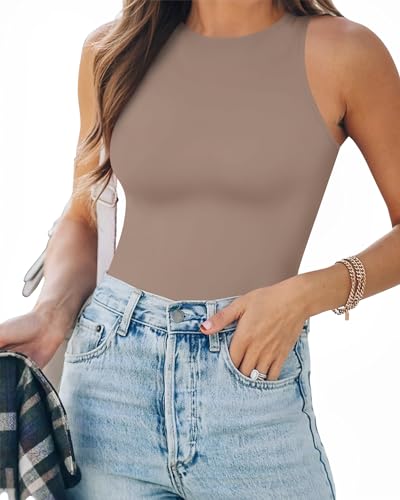 Image of MANGOPOP Women's Tank Top Bodysuit Crew Neck Sleeveless Racerback Halter Ribbed Body Suits Sexy Summer Going Out Tops