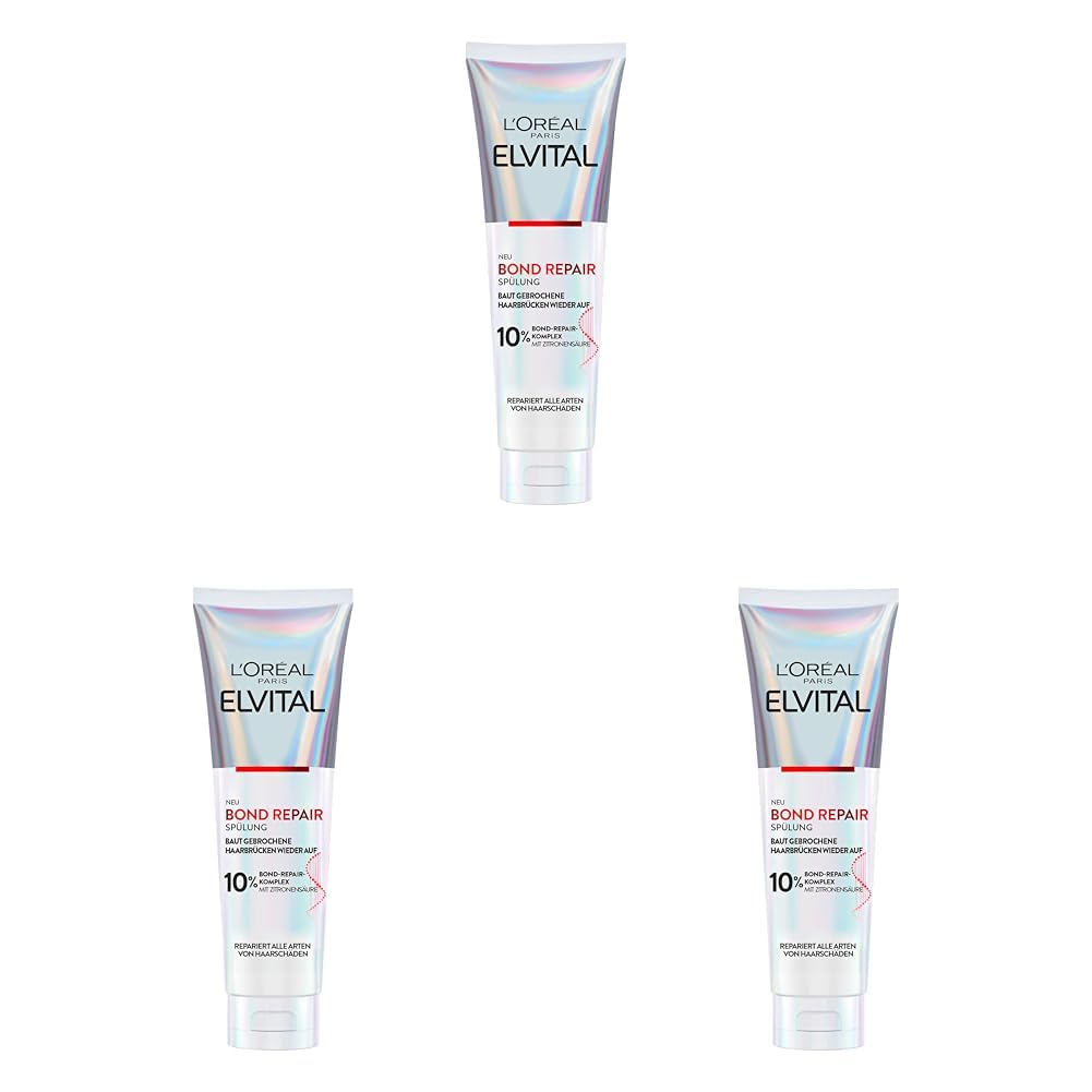 L'Oréal Paris Elvital Repair Spülung zur Haarreparatur, Mit Bond-Repair-Komplex und Zitronensäure, Für weniger Haarbruch und mehr Glanz, Bond Repair, 1 x 150 ml (Packung mit 3)