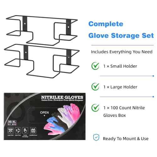 Image of Glove Box Holder Wall Mount Set with 100 Nitrile Gloves, 2 Pack, Black | 1 Small & 1 Large Holder for Multiple Box Sizes