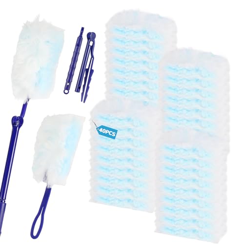 Auauraintt 40 Piezas Recambios Plumero Atrapapolvo, Plumero Microfibra con 2 Mango, Colector de Polvo Electrostático, Imanes para Polvo Hogar Oficina