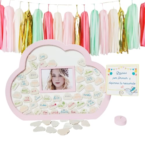 Didart Handmade Libro de firmas comunion niña con Foto. Marco de Madera. 50 Nubes para Firmar. Regalo de comunión, Bautizo, cumpleaños y Aniversario. Recuerdos de comunion (Rosa)