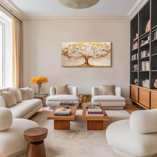 crmotu Tree of Life Large Wall Art, Blooming Flower Tree Art Prints, White Gold Abstract Landscape Paintings, Modern Trendy Home Wall Decor Living Room Bedroom Above Bed Canvas Pictures 24x48 Inch