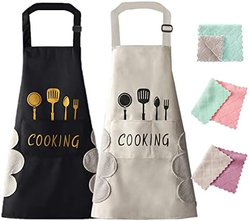 HXYCNNA [2+3 Pack] Kitchen Cooking Aprons, Aprons with Pockets, Aprons for Women, Mens Waterproof Aprons, Adjustable Aprons, Kitchen Apron with Hand Wipe(White/Black)