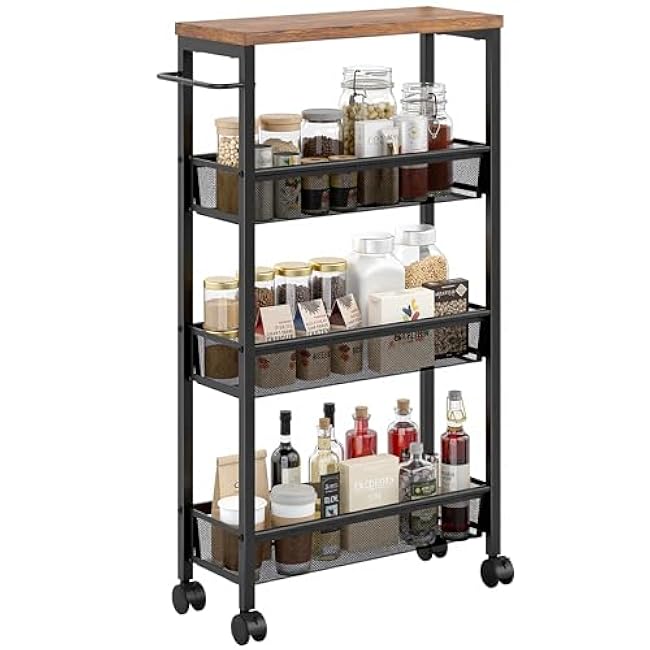 VECELO 4 Tier Slim Rolling Cart Organizer, Rolling Carts On Wheels with Storage, Sturdy Metal Frame Narrow Cart with Handle, Space Saving for Kitchen, Bathroom, Laundry, Rustic Brown-ehI8PDar