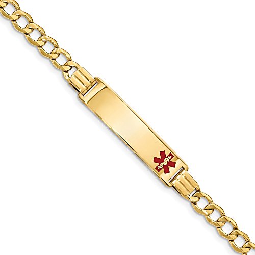 14k Yellow Gold RN Registered Nurse Caduceus Symbol Medical Red Enamel Curb Cuban Link 5.9mm ID Emergency Alert Bracelet Engravable Identification Name Bar Tag - with Secure Lobster Lock Clasp 8\"