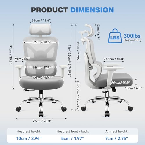 Image of Ergonomic Desk Chair, Breathable Mesh Office Chair for Long Hours, 8 Pack | Adjustable Lumbar Support for Back Pain Relief, 4.33'' Thick Foam Cushion, 3D Headrest, Computer Chair for Home Office, Gray