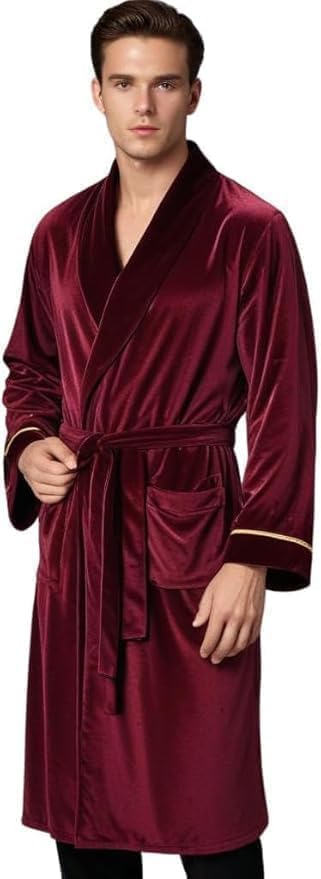 Men’s Velvet Robe with Belt – Classic Long Dressing Gown, Soft Lounge Coat with Pockets for Elegant Relaxation