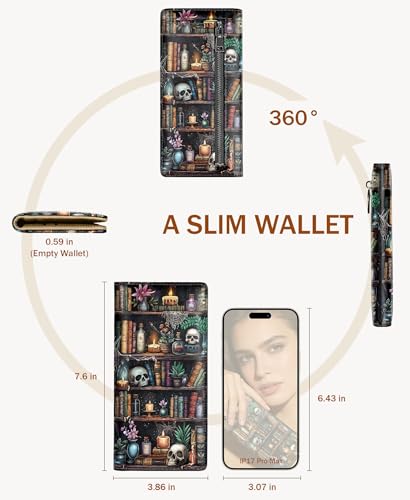 Image of Immaturus Womens Wallet, Goth Skull Bookshelf Slim Thin RFID Blocking Credit Card Wallets, Long Bifold PU Leather Card Holder Organizer, Cash Clutch Billfold with Zipper Coin Pocket Ladies Girls Gift