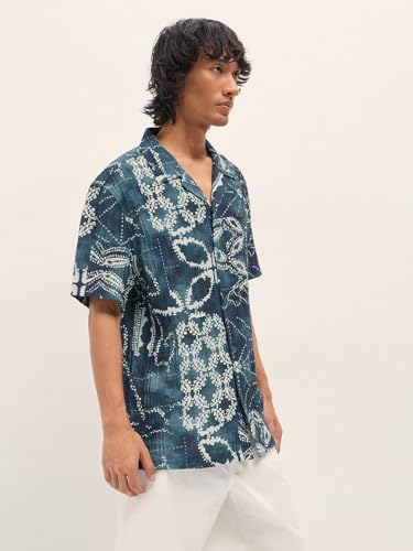 Image of Men's Blue Relaxed Fit Digital Print Woven Casual Shirt