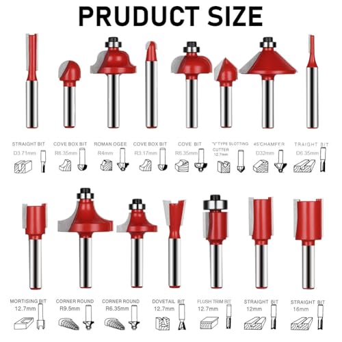 flintronic Fräser-Set, 6.35MM Fräsen Werkzeug Set, 15-TLG Holzkoffer Geschmiedeter Werkzeugstahl Oberfräser, Bündigfräser, Holzschneider mit Kunststoff-Box, Bodenreinigung für Holzbearbeitung