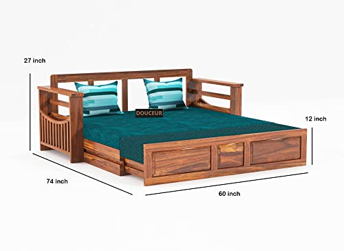 Image of Douceur Furnitures Solid Sheesham Wood Wooden Frame Three 3 Seater Sofa Cum Bed for Living Room,Hotels,Apartment & Hall | Finish:-Natural Finish | Cushion:-Bottle Green