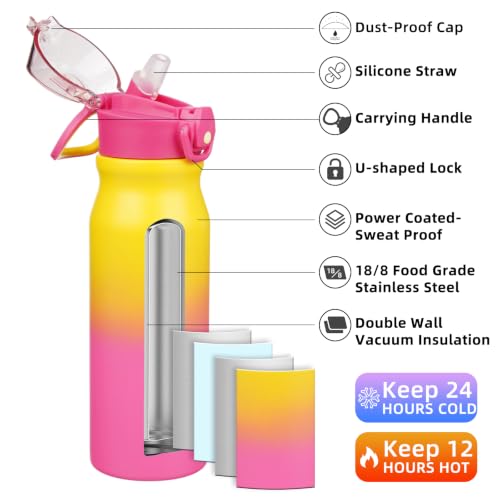 Image of BJPKPK 25 oz Insulated Water Bottle, Straw, Handle, Stainless Steel Flask | Leak Proof Locking Lid, Thermal, Double Wall Vacuum, Keeps Hot /Cold, BPA Free, Dishwasher Safe, Travel & Sports, Rainbow