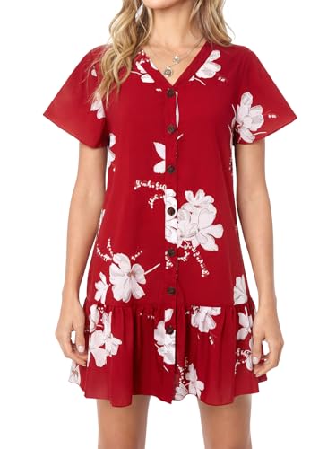 Image of Imysty Womens Polka Dot V Neck Button Down Ruffles Loose Mini Short T-Shirt Dress