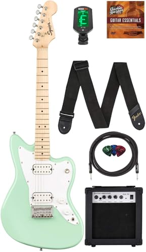 Image of Fender Squier 3 /4-Size Kids Mini Jazzmaster Electric Guitar - Surf Green Bundle with Amplifier, Instrument Cable, Tuner, Strap, Picks, Online Lessons, and Austin Bazaar Instructional DVD