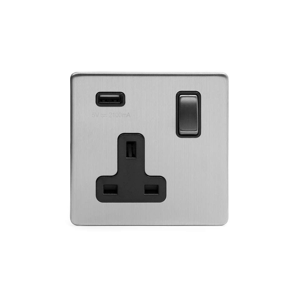 Brushed Chrome Socket with white Insert - Screwless Faceplate (Black Insert, 1 Gang USB Plug Socket)