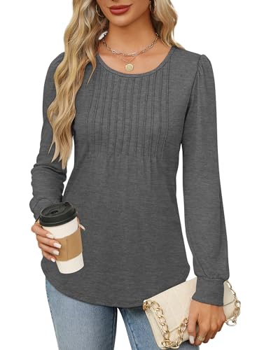 Ofeefan Womens Sweaters Fall 2024 Dressy Casual Long Sleeve Shirts Tuck Pleated Tunic Tops Business Blouses Dark Grey Xl thumb #2