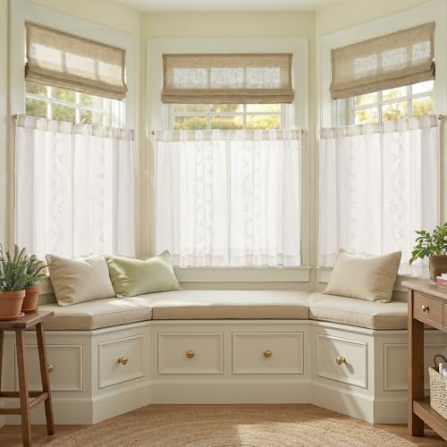 Image of jinchan White Floral Linen Kitchen Tier Curtains 36 Inch, 2 Panels
