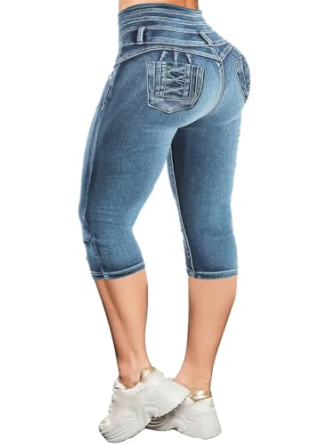 Flamingals Blue Skinny Jeans for Women Stretchy Mid Waist Butt Lifting Trendy Denim Capris