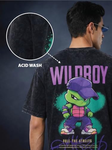 Image of Veirdo Heavy GSM Pure Cotton Men's Graphic Print Oversized Fit Half Sleeve Round Neck Cotton Acid Wash Print T-Shirt in Different Colors with Sizes ranging from S to 2XL.