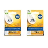 Bundle of NIVEA SUN Protect Caring Lip Balm SPF 50 (2 x 4.8g), Factor 50 Balm with Shea Butter, Protection Against UVA/UVB Rays with 24H Moisture, Lip Care, No White Cast