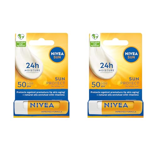 Image of Bundle of NIVEA SUN Protect Caring Lip Balm SPF 50 (2 x 4.8g), Factor 50 Balm with Shea Butter, Protection Against UVA/UVB Rays with 24H Moisture, Lip Care, No White Cast