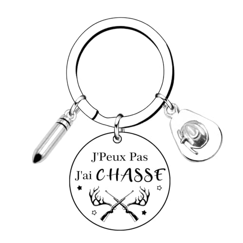 Porte-clés « J'peux pas j'ai Chasse » avec acier inoxydable et breloque chapeau – idéal...