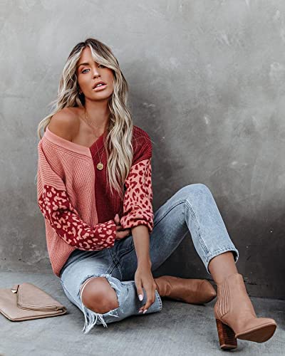 Image of ANCAPELION Women's V Neck Sweater Pullover Leopard Long Sleeve Basic Color Block Jumper Casual Knitted Tops