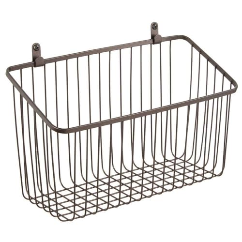 Image of 2875 Portable Metal Farmhouse Wall Decor Angled Storage Organizer Basket Bin for Hanging in Entryway, Mudroom, Bedroom, Bathroom, Laundry Room - Wall Mount Hooks Included, Small - Black