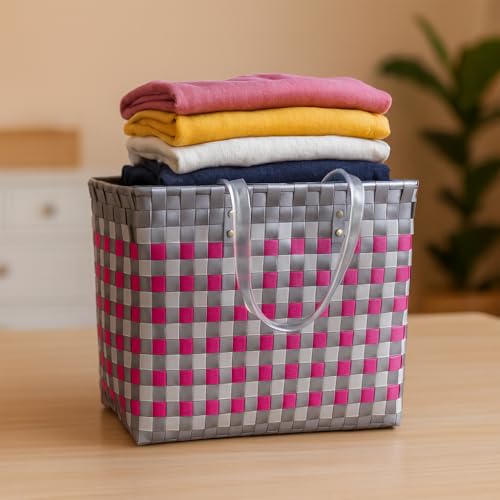 Image of Hand Made Multipurpose Plastic Basket with Lid | Eco-Friendly, Washable, Rust-Free Storage Basket for Kitchen, Picnic, Toys, Travel, Office | Lightweight basket (Pink with Grey, M)