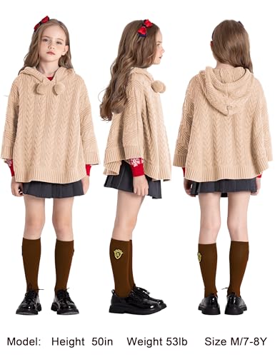 Image of BOBOYOYO Cape for Girls Hooded Cable Knit Poncho Sweaters Kids Shawl