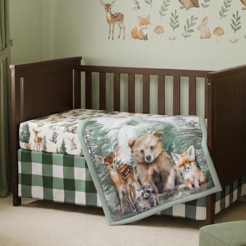 Image of Hahafelt 3 Pcs Woodland Animal Baby Crib Bedding Set for Boy | Includes Quilt, Fitted Sheet, Skirt, Soft Green Forest Bear Deer Nursery Bedding for Standard Infant Toddler Bed