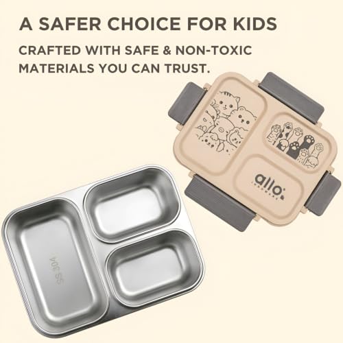 Image of Allo Bento Stainless Steel Lunch Box for Kids- BIS Approved, 304 Stainless Steel 3 Compartment Leakproof Tiffin Box for Boys and Girls for School, Travelling, Baby Snacks, 740ml Beige Cats