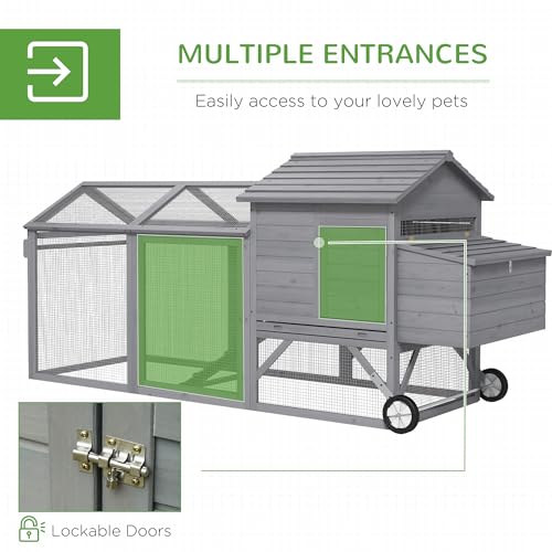 Image of PawHut 96.5 inch Chicken Coop Wooden Hen House Poultry Cage Pen Portable with Wheels and Nesting Box, Chicken Cage for Backyard Outdoor, Gray