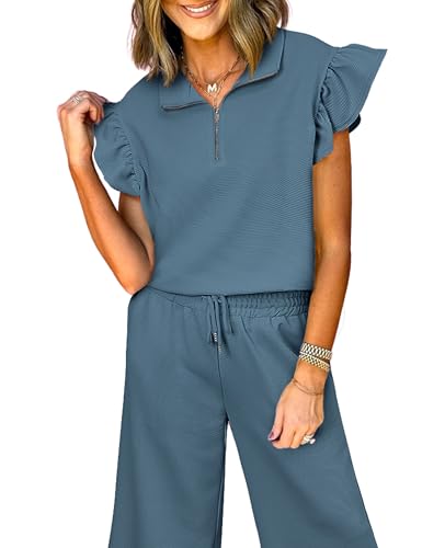 SELINK Two Piece Sets for Women Summer Outfits Ruffle Cap Sleeve Zip Top Wide Leg Pants Lounge Set Tracksuits Mist Blue-XXL