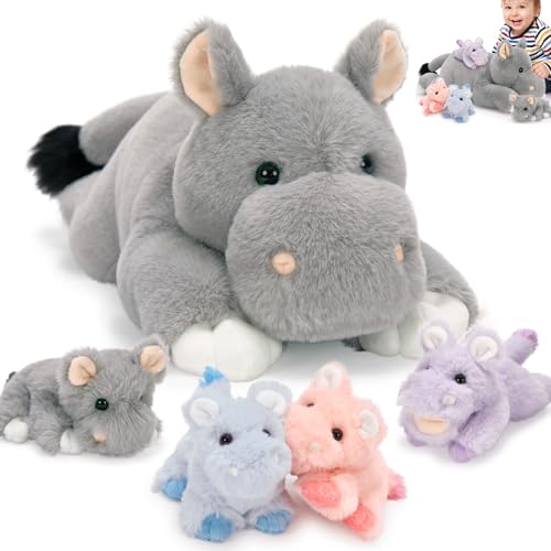 MorisMos Hipopótamo Peluche Mamá con Bebes XXL, 40 cm Kawaii Hipopótamos Juguetes de Peluche Animales Realista Suave, Bonito Regalo Navidad para Niña Niños Cumpleaños Decoración