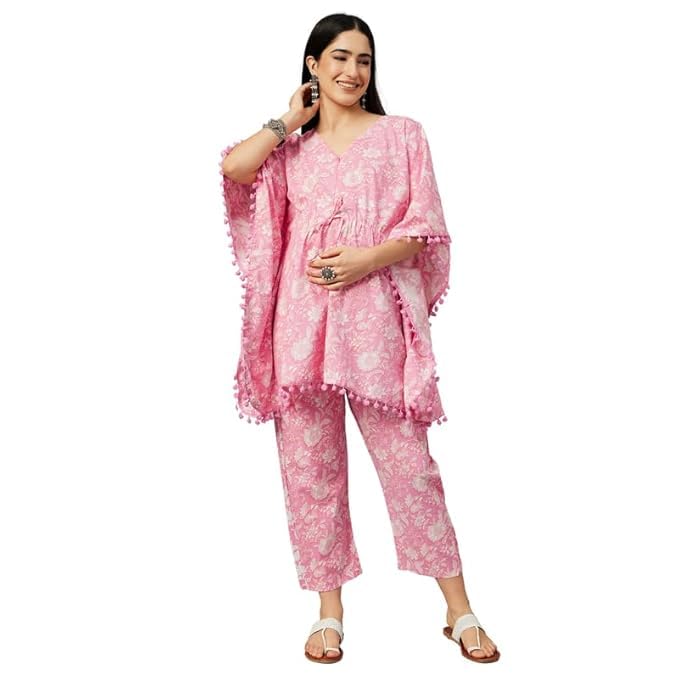 Women’s Cotton Maternity Kaftan Set | Baby Pink Printed V-Neck Top with Front Zip & Adjustable Waist | Nursing Friendly with Relaxed Pants-image-12