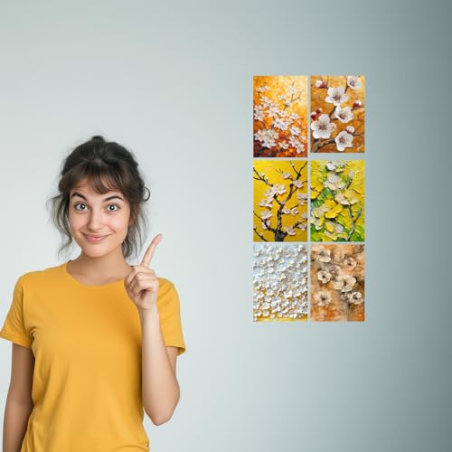 Image of Golden Yellow & White Floral Impasto Art Print Set - Set of 2-4x6 Inch - Board (Pack of 6) - Sticker (Pack of 6) Wall Room Decoration art Poster Prints